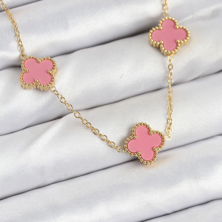 316L Steel Chain Gold Pink Color Clover Women s Necklace