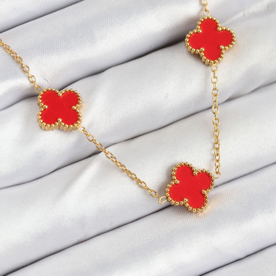 316L Steel Chain Gold Red Color Clover Women s Necklace
