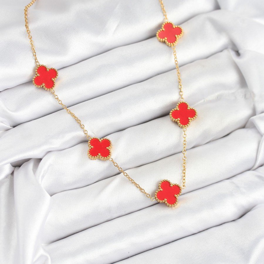 316L Steel Chain Gold Red Color Clover Women s Necklace