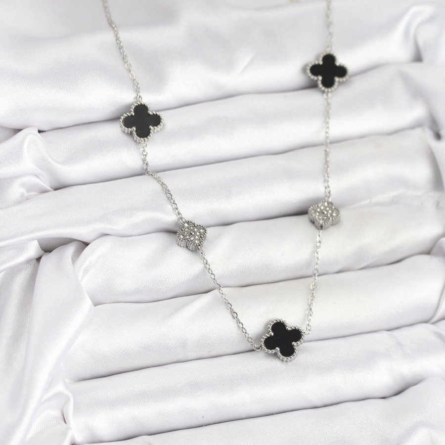 316L Steel Chain Silver Color Black and Zircon Stone Clover Women s Necklace 316L Steel Chain Silver Color Black and Zircon Stone Clover Women s Necklace