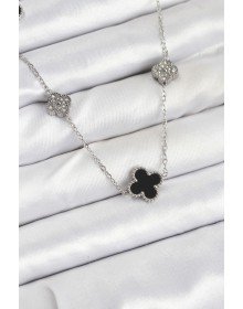 316L Steel Chain Silver Color Black and Zircon Stone Clover Women's Necklace