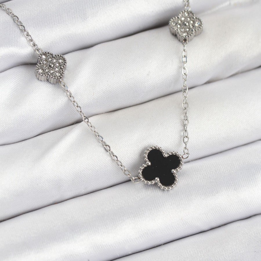 316L Steel Chain Silver Color Black and Zircon Stone Clover Women s Necklace 316L Steel Chain Silver Color Black and Zircon Stone Clover Women s Necklace