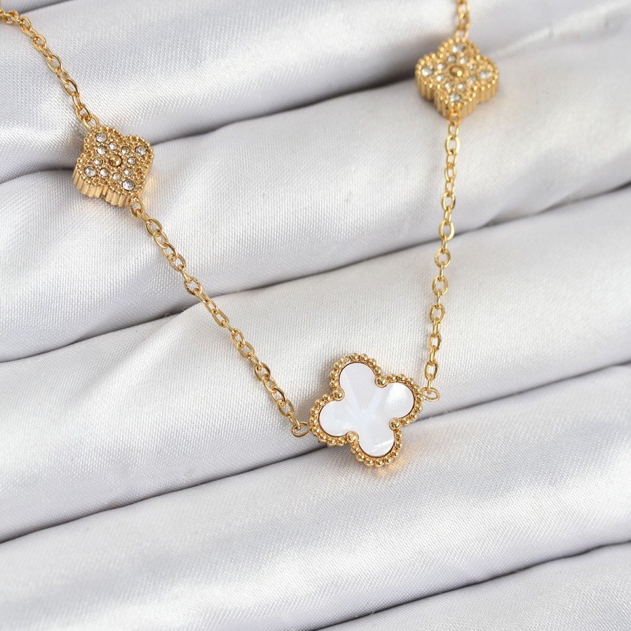 316L Steel Chain Gold Color White and Zircon Stone Clover Women s Necklace