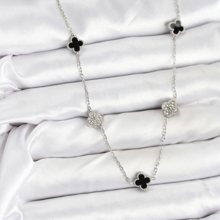 316L Steel Chain Silver Color Black and Zircon Stone Baby Boy Clover Women s Necklace