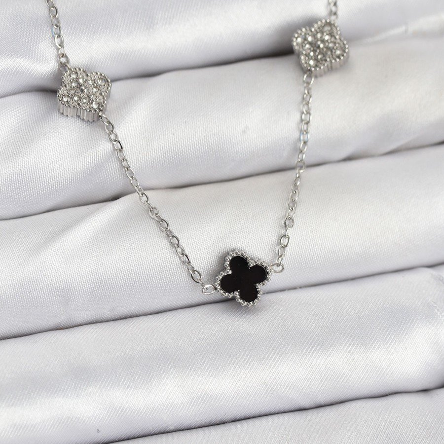 316L Steel Chain Silver Color Black and Zircon Stone Baby Boy Clover Women s Necklace