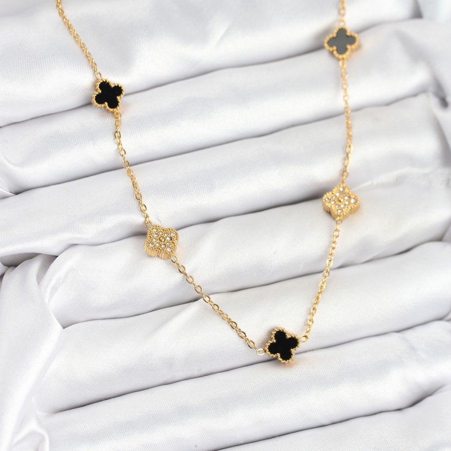 316L Steel Chain Gold Color Black and Zircon Stone Baby Boy Clover Women s Necklace