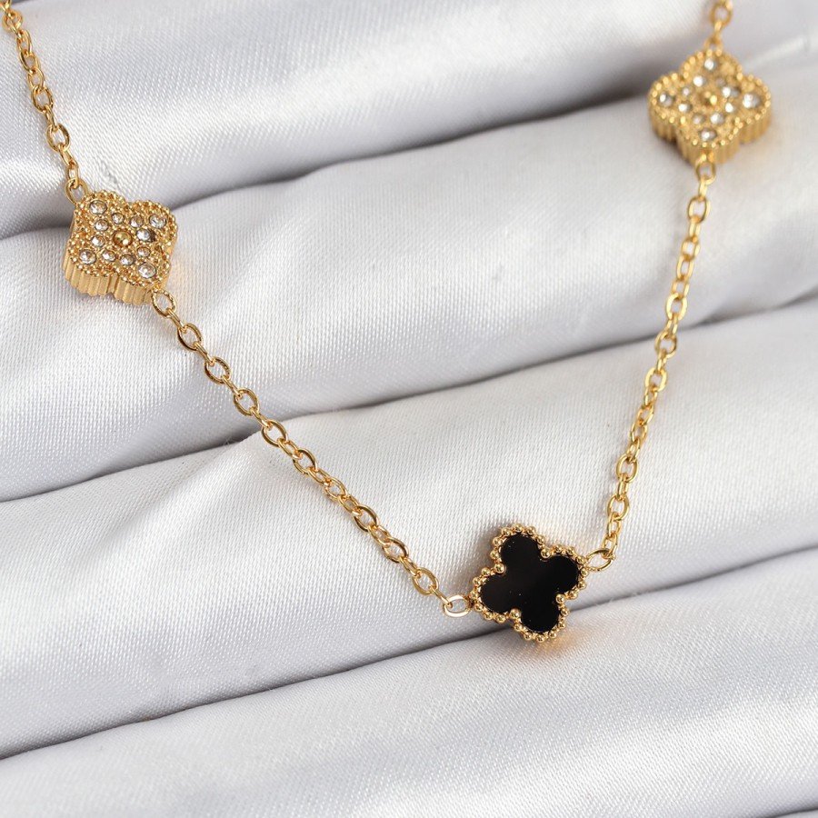 316L Steel Chain Gold Color Black and Zircon Stone Baby Boy Clover Women s Necklace