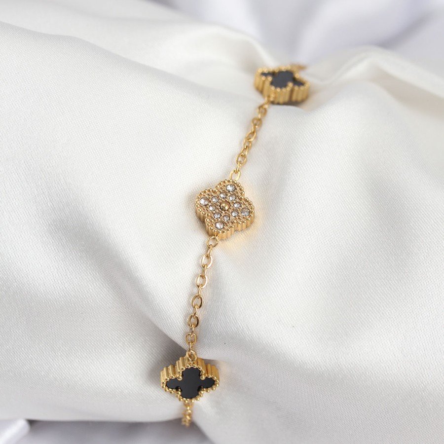 316L Steel Gold Color Black and Zircon Stone Baby Boy Clover Women s Bracelet