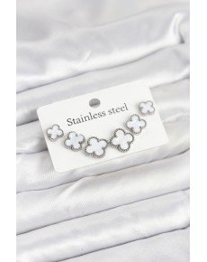 316L Steel Silver White Color 3 Size Clover Earring Set