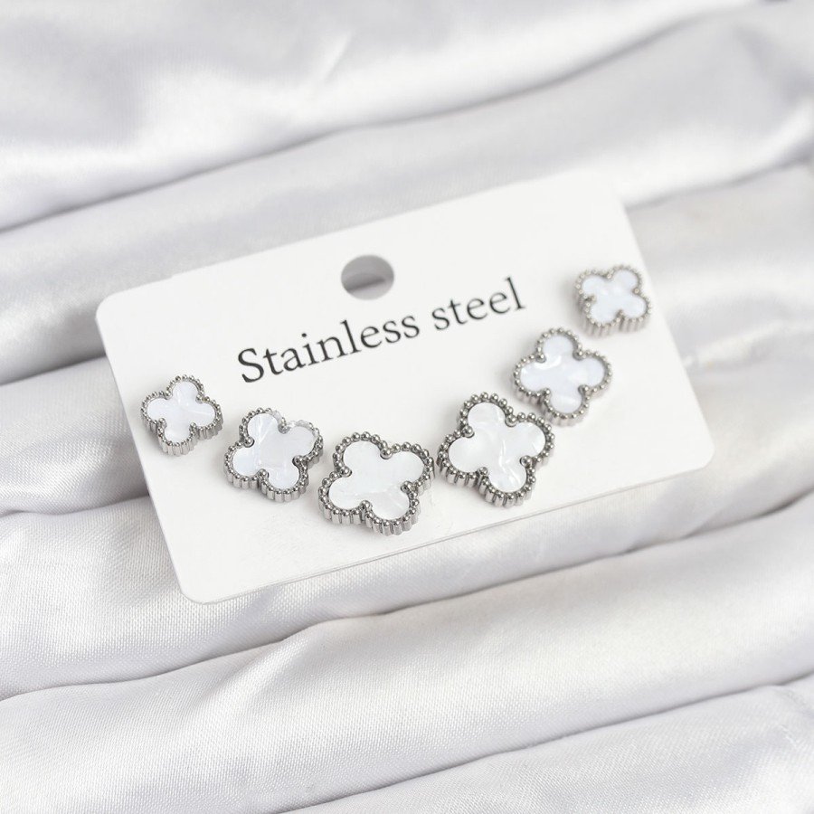 316L Steel Silver White Color 3 Size Clover Earring Set