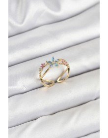 Brass Gold Color Zircon Stone Blue Flower Women's Ring