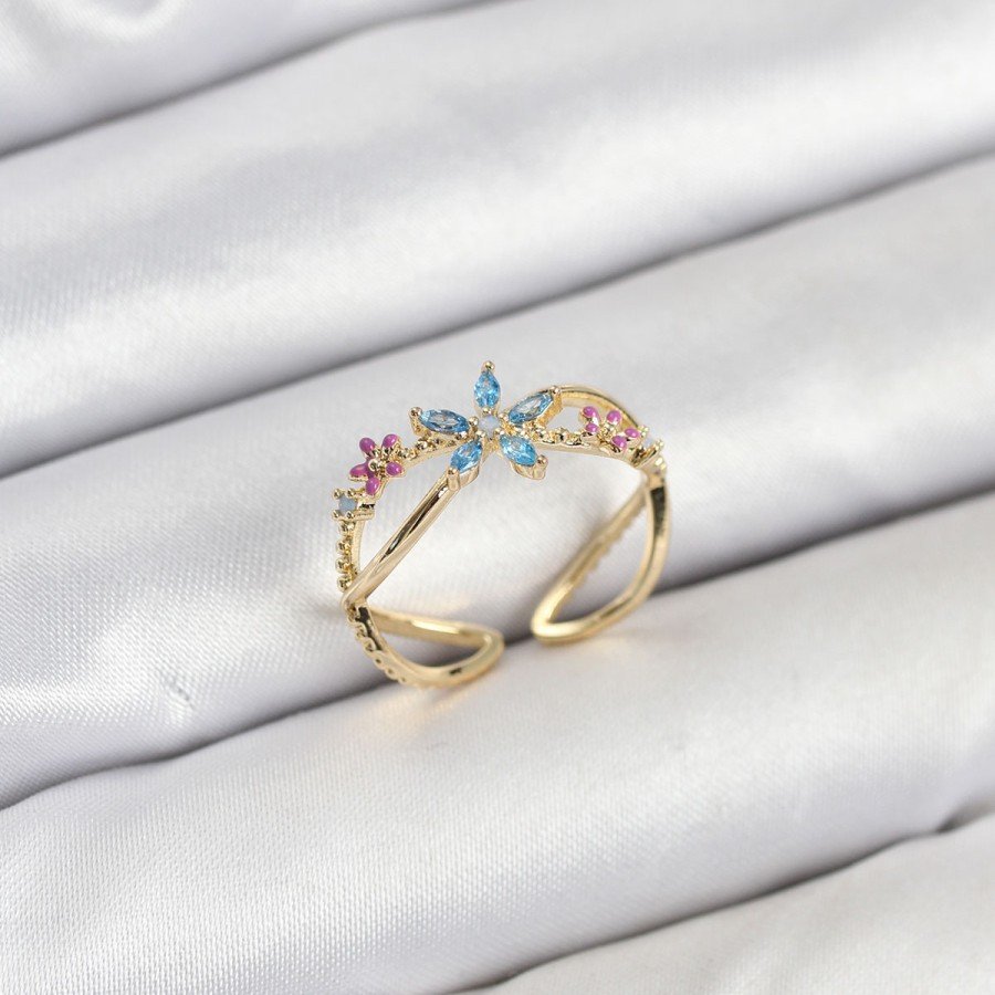 Brass Gold Color Zircon Stone Blue Flower Women s Ring Brass Gold Color Zircon Stone Blue Flower Women s Ring