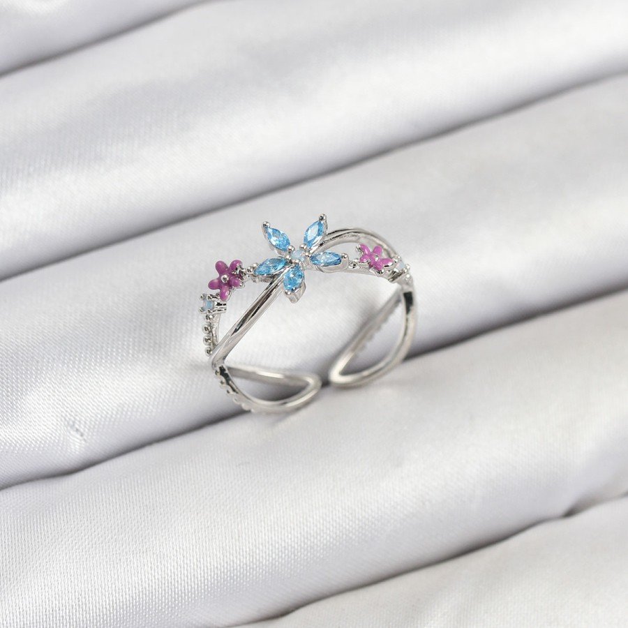Brass Silver Color Zircon Stone Blue Flower Women s Ring