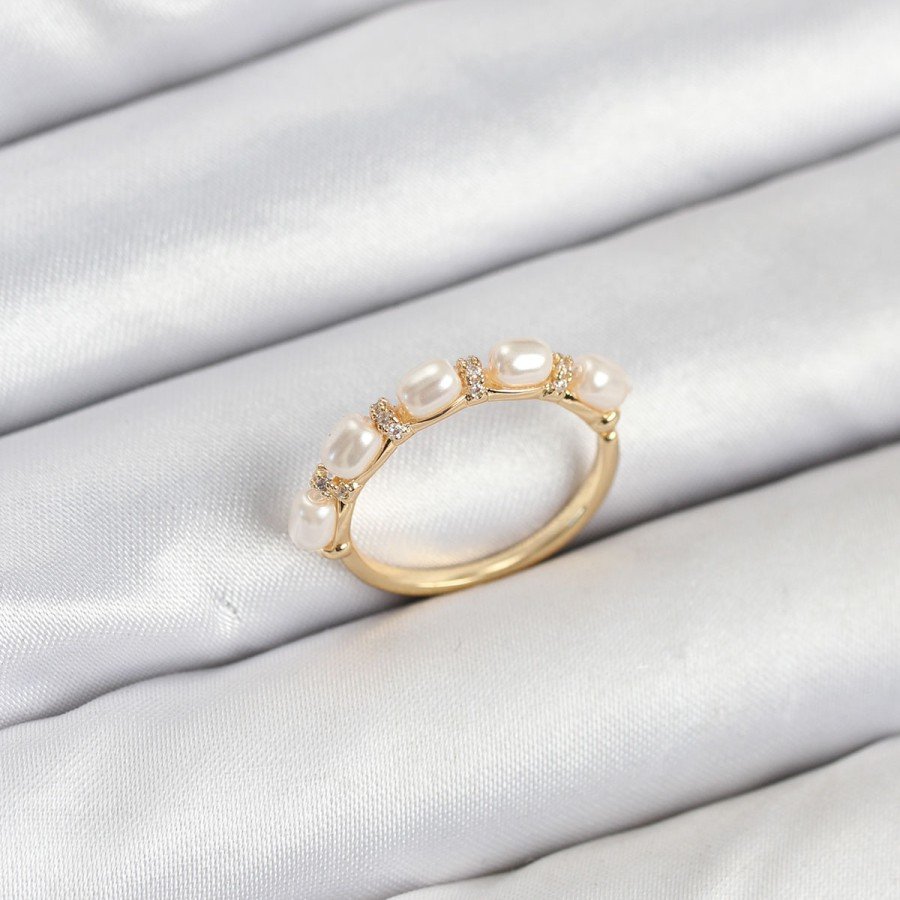Brass Gold Color Rowed Pearl Women s Ring