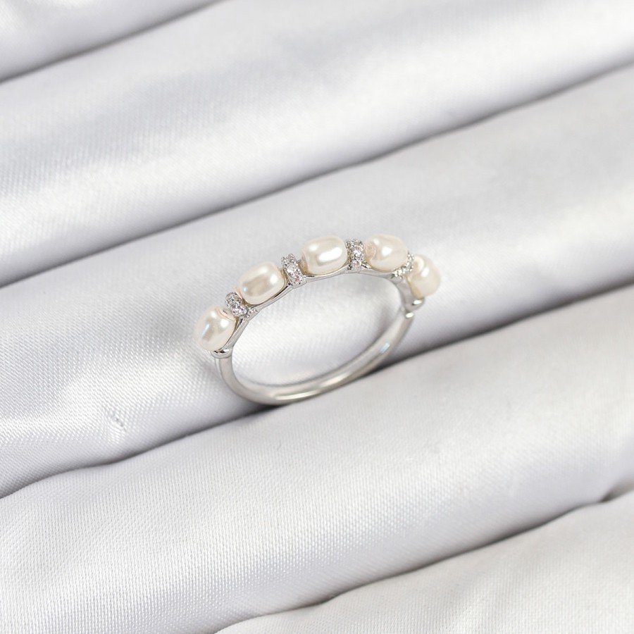 Brass Silver Color Sequined Pearl Women s Ring
