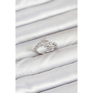 Brass Silver Color Zircon Stone Butterfly Model Women's Ring