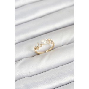 Brass Gold Color Zircon Stone Pearl Model Women's Ring