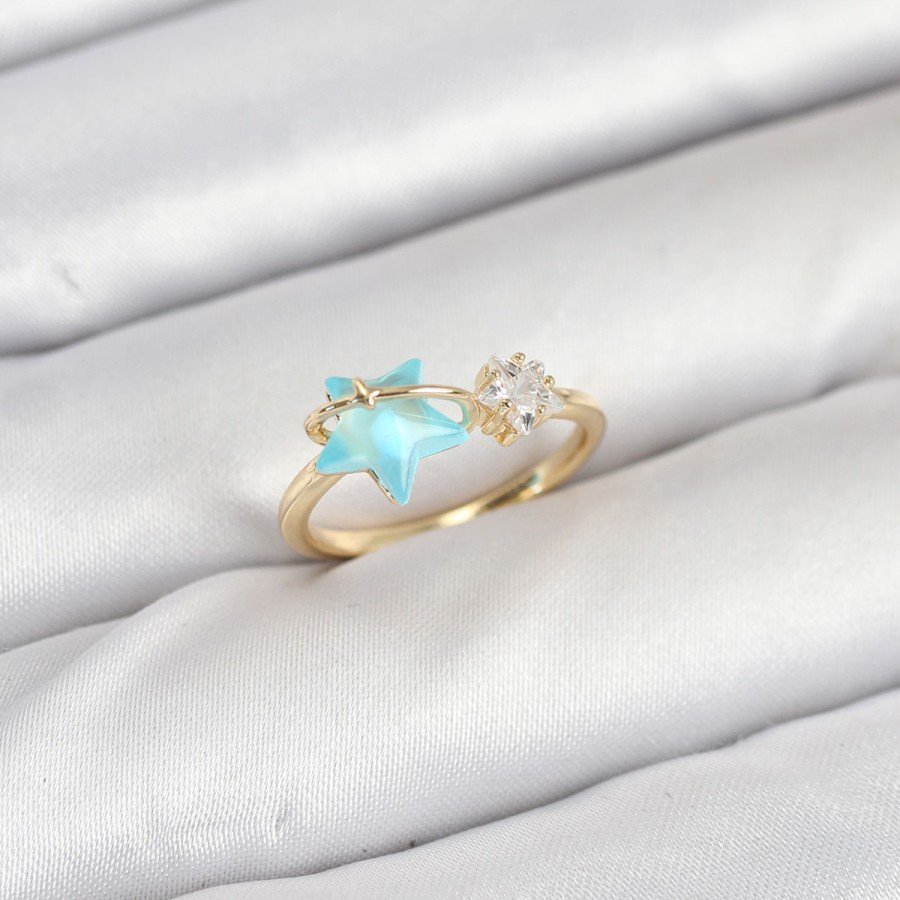 Brass Gold Color Blue Star Model Women s Ring