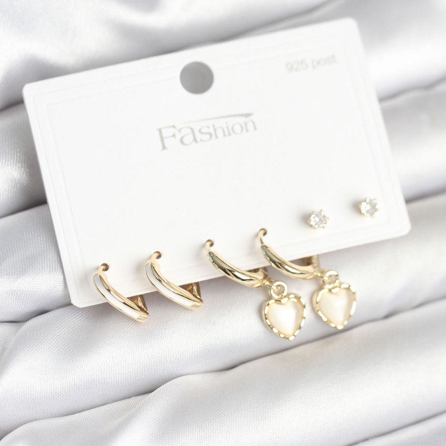 Brass Gold Color Heart Detailed 925 Sterling Silver Studded Women s Earring Set Brass Gold Color Heart Detailed 925 Sterling Silver Studded Women s Earring Set
