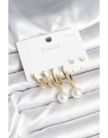 Brass Gold Color Pearl Detailed 925 Sterling Silver Studded Women's Earring Set