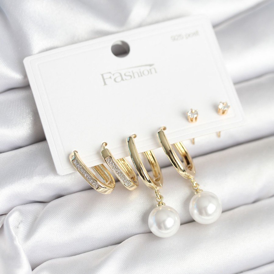 Brass Gold Color Pearl Detailed 925 Sterling Silver Studded Women s Earring Set Brass Gold Color Pearl Detailed 925 Sterling Silver Studded Women s Earring Set