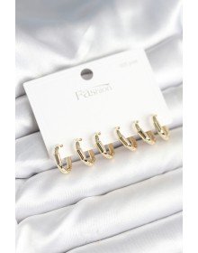 Gold Color Brass Hoop Model 925 Sterling Silver Studded Women's Earring Set