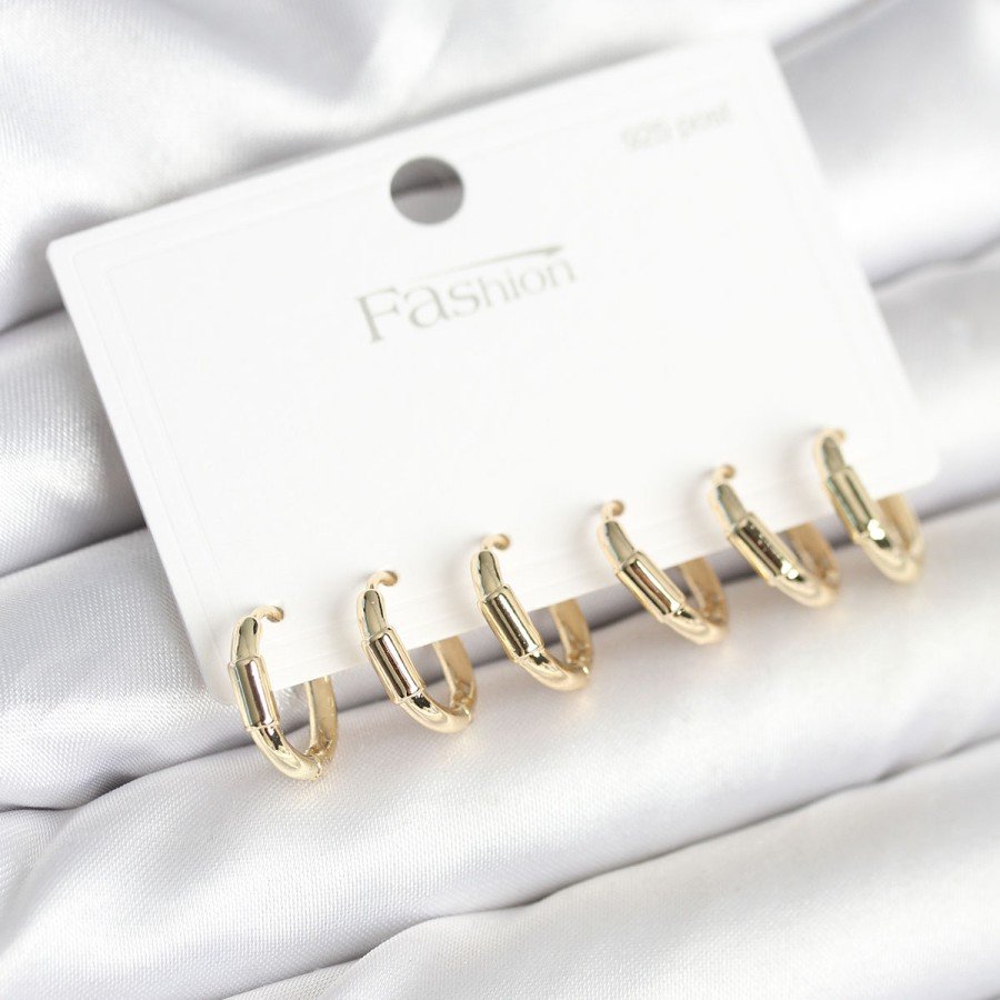 Gold Color Brass Hoop Model 925 Sterling Silver Studded Women s Earring Set