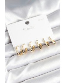 Gold Color Brass Square Hoop Model 925 Sterling Silver Studded Women's Earring Set