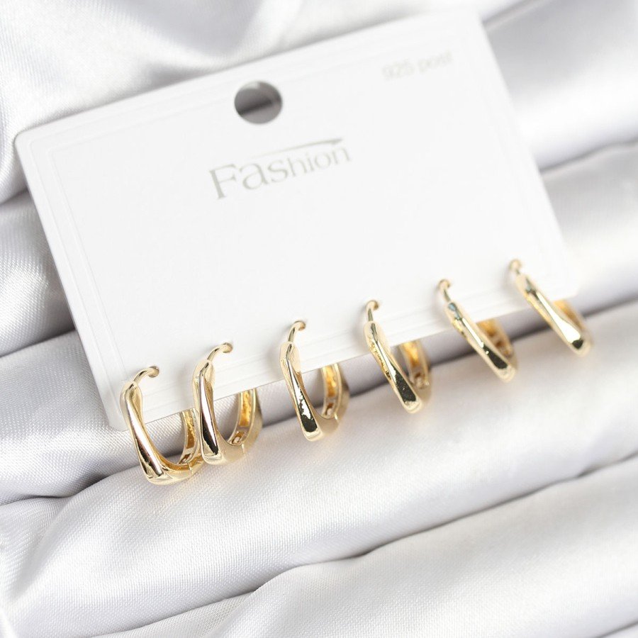 Gold Color Brass Square Hoop Model 925 Sterling Silver Studded Women s Earring Set