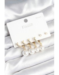 Gold Color Zircon Stone, Brass Pearl and 925 Sterling Silver Stud Earring Set