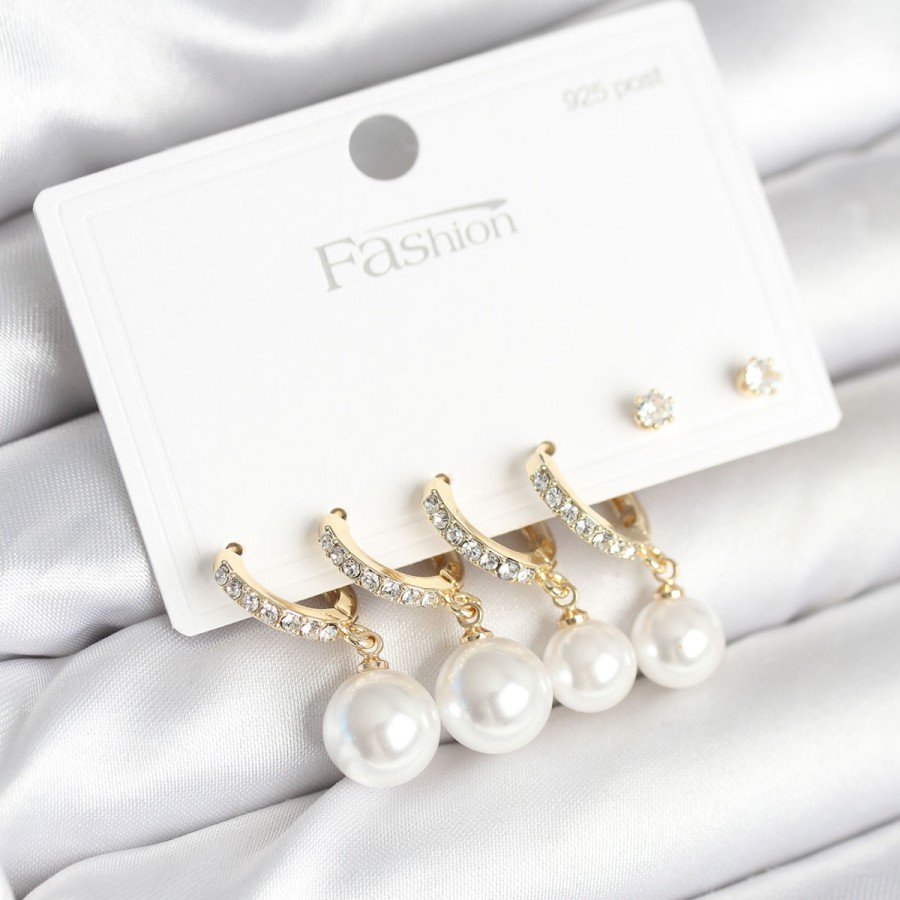 Gold Color Zircon Stone, Brass Pearl and 925 Sterling Silver Stud Earring Set Gold Color Zircon Stone, Brass Pearl and 925 Sterling Silver Stud Earring Set