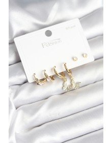 Gold Color Brass Butterfly Model 925 Sterling Silver Studded Women's Earring Set