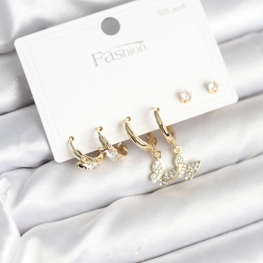 Gold Color Brass Butterfly Model 925 Sterling Silver Studded Women s Earring Set