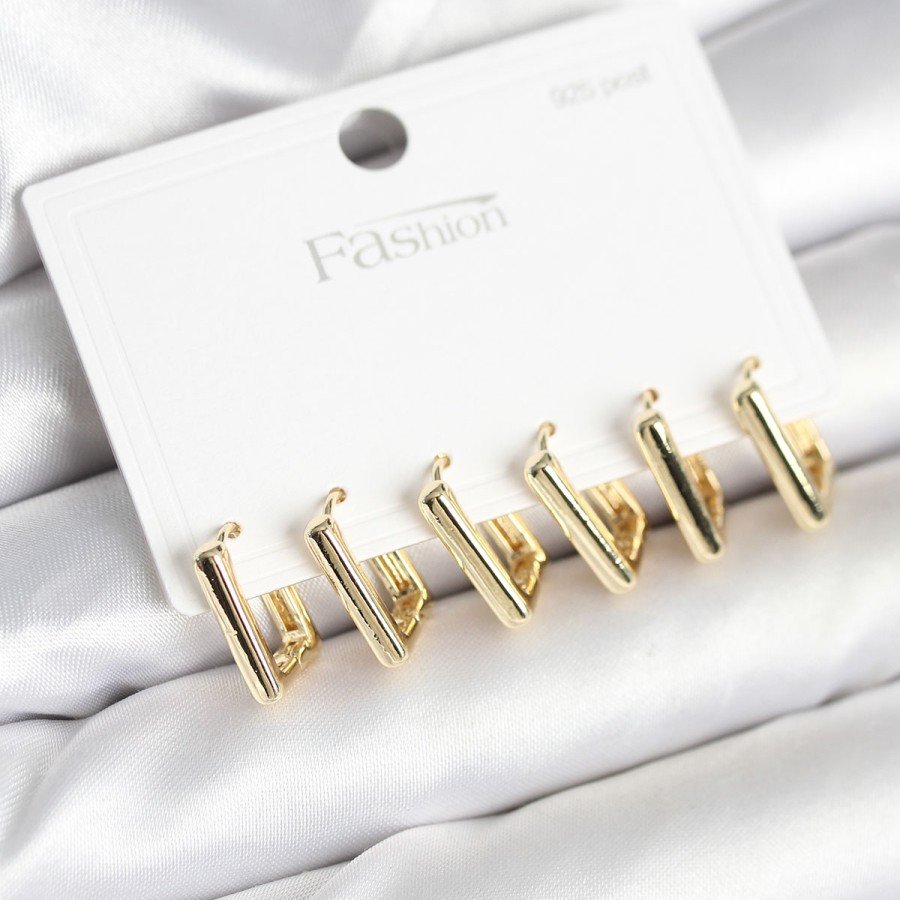Gold Color Square Model Brass 925 Sterling Silver Studded Women s Earring Set