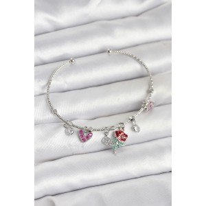Silver Color Brass Women's Bracelet with Rose Charm Silver Color Brass Women's Bracelet with Rose Charm