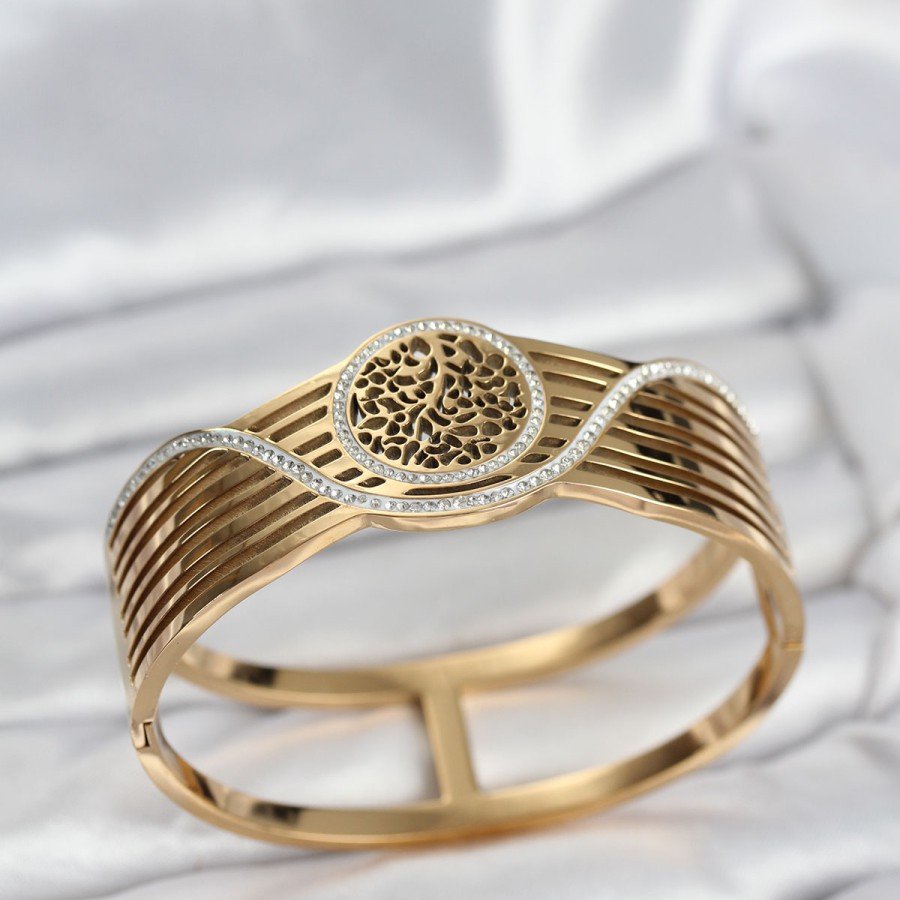 316L Steel Gold Color Tree of Life Model Women s Handcuff Bracelet