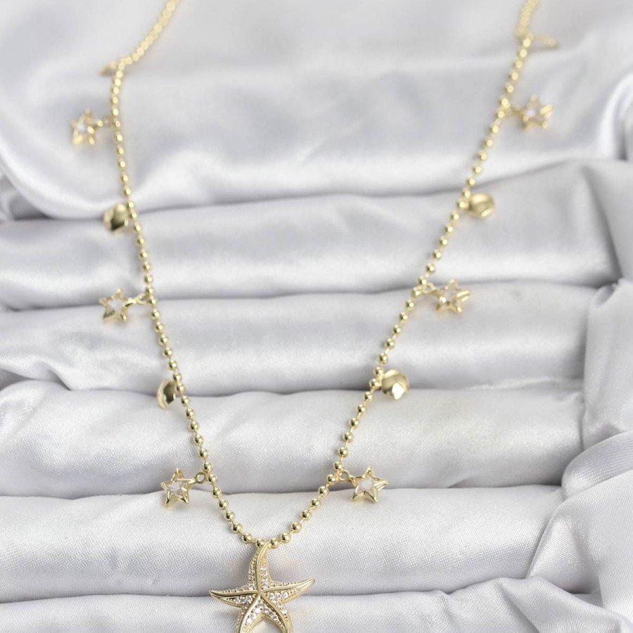 Brass Gold Color Zircon Stone Starfish Model Women s Necklace