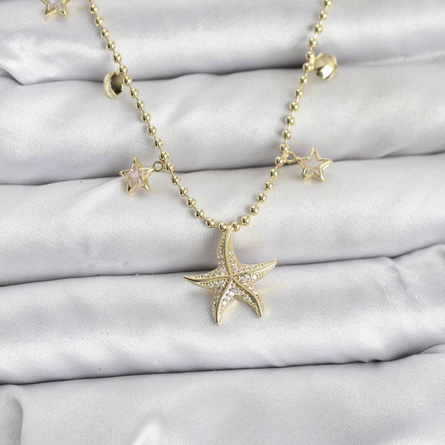 Brass Gold Color Zircon Stone Starfish Model Women s Necklace
