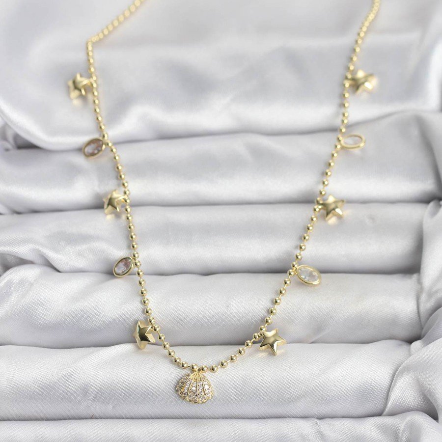 Brass Gold Color Zircon Stone Shell Model Women s Necklace