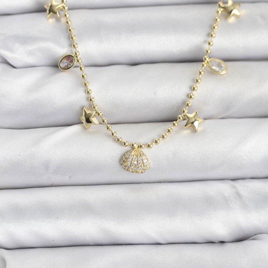 Brass Gold Color Zircon Stone Shell Model Women s Necklace