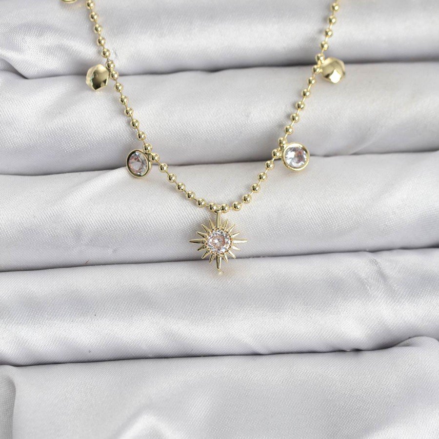 Zircon Stone Pole Star Model Brass Gold Color Women s Necklace