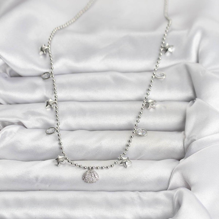 Brass Silver Color Zircon Stone Shell Model Women s Necklace