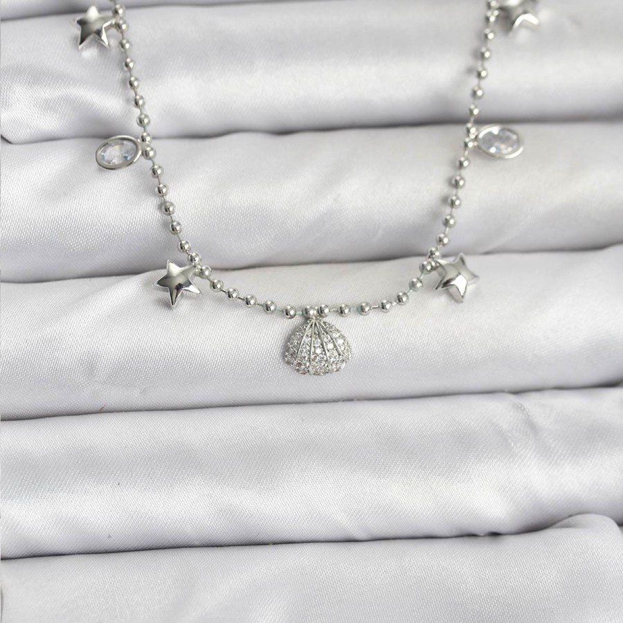 Brass Silver Color Zircon Stone Shell Model Women s Necklace