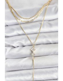 Brass Gold Color Zircon Stone Detailed 3-Piece Combination Y Women's Necklace
