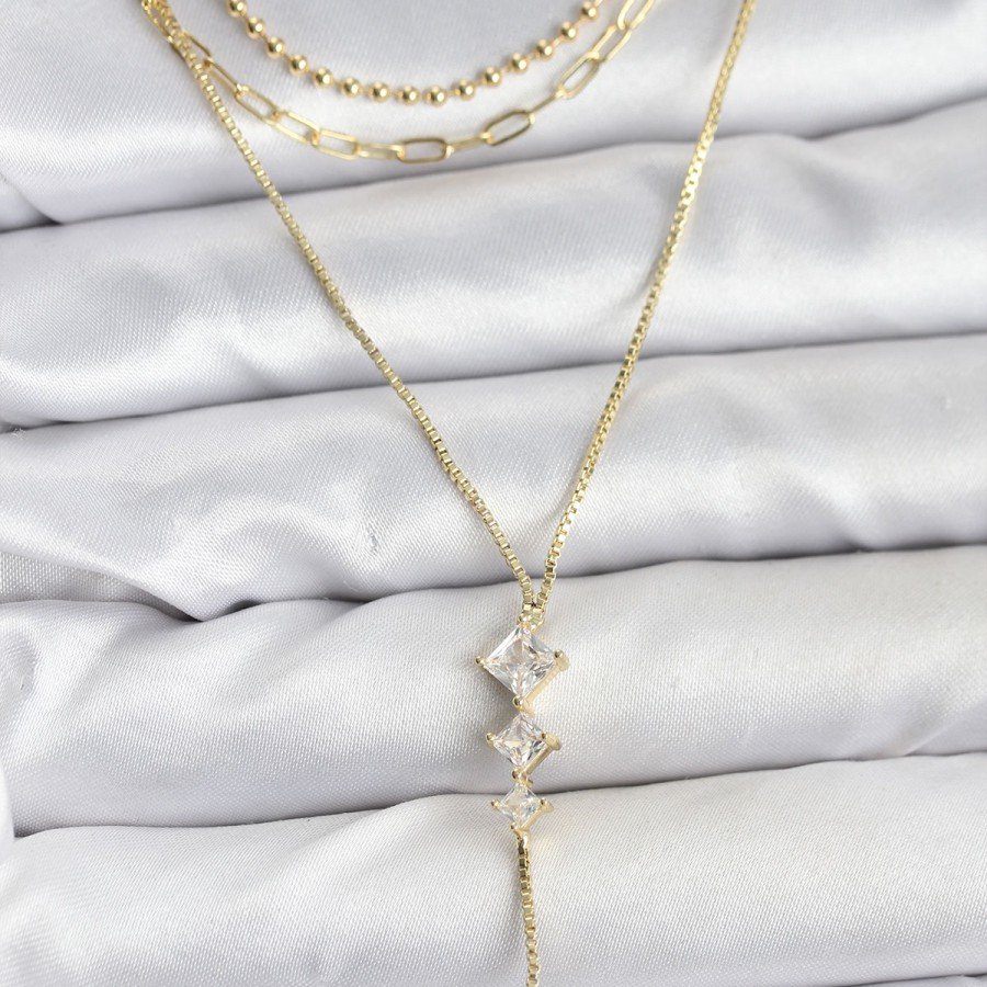 Brass Gold Color Zircon Stone Detailed 3-Piece Combination Y Women s Necklace