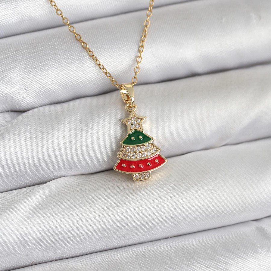 316L Steel Chain Gold Rhine Pine Tree Model Zircon Stone New Year Themed Women s Necklace