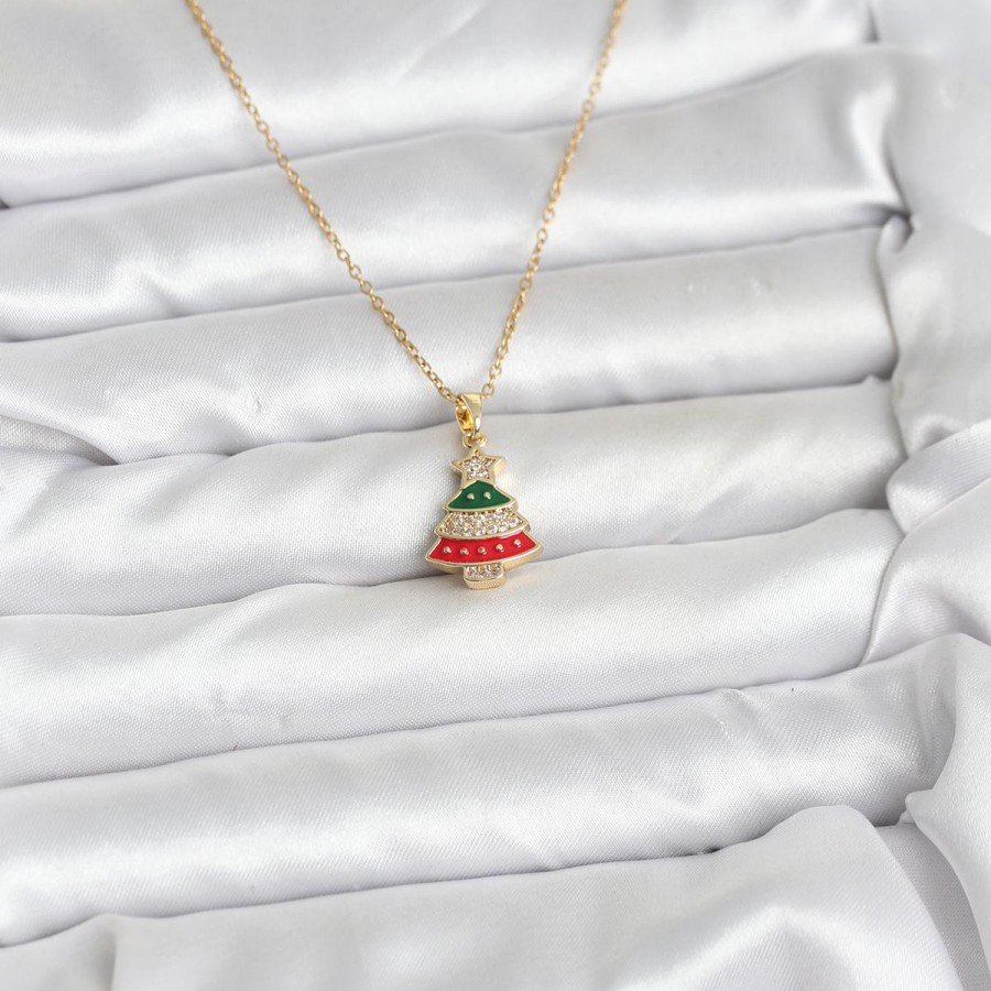 316L Steel Chain Gold Rhine Pine Tree Model Zircon Stone New Year Themed Women s Necklace
