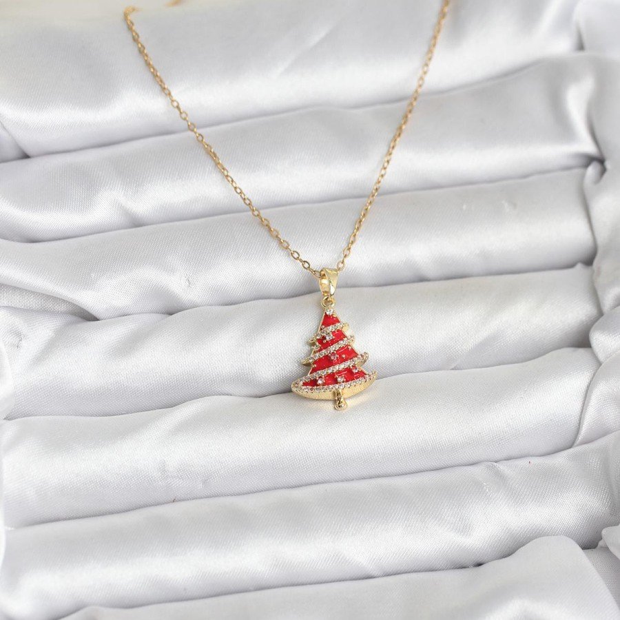 316L Steel Chain Gold Color Red Pine Tree Model Christmas Themed Women s Necklace 316L Steel Chain Gold Color Red Pine Tree Model Christmas Themed Women s Necklace