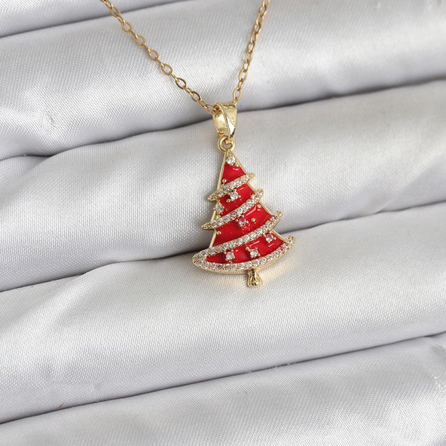 316L Steel Chain Gold Color Red Pine Tree Model Christmas Themed Women s Necklace 316L Steel Chain Gold Color Red Pine Tree Model Christmas Themed Women s Necklace