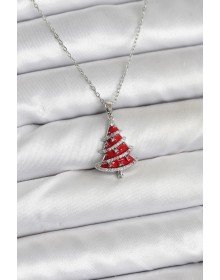 316L Steel Chain Silver Color Red Pine Tree Model Christmas Themed Women's Necklace
